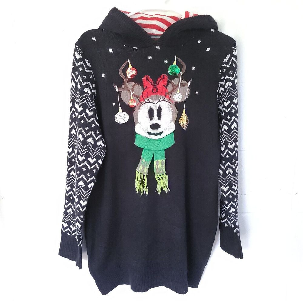 Disney Parks Ugly Christmas Sweater Hoodie Dress Womans Large Minnie Mouse Ears - Picture 7 of 16